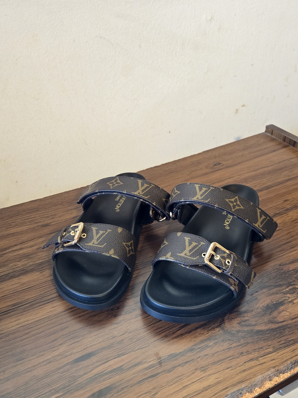 Louis Vuitton Monogram Buckle Slide Sandals - Brown